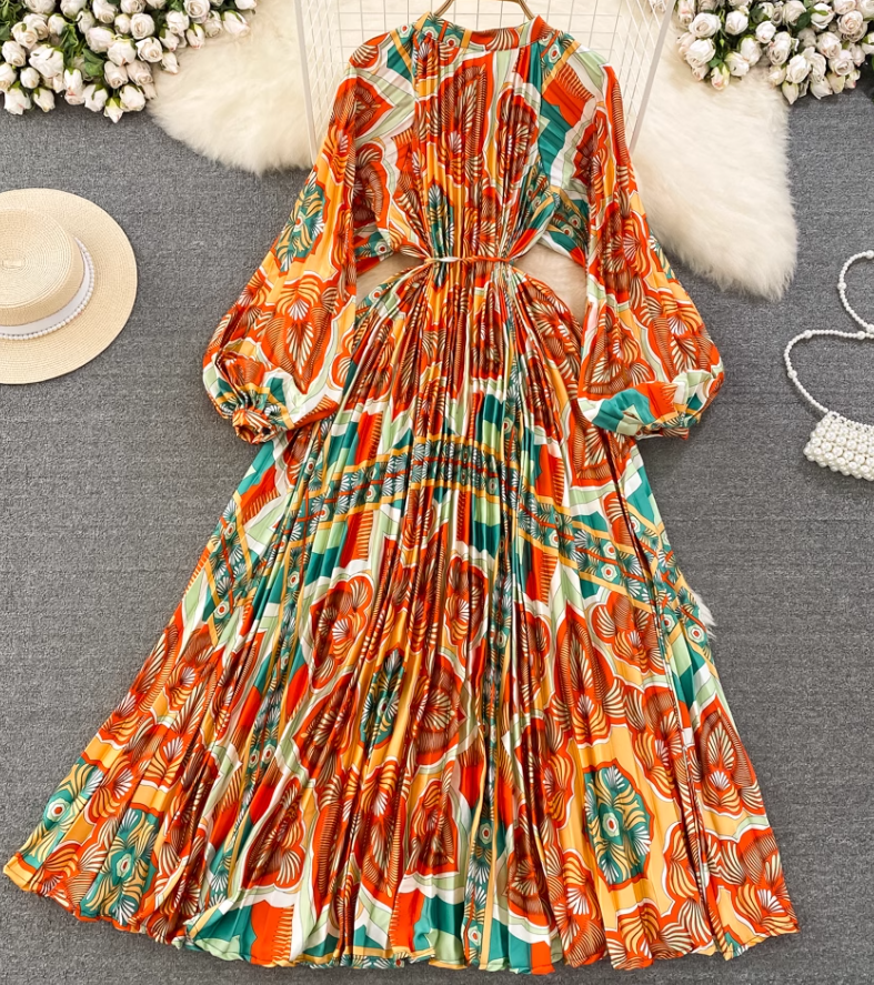 Light luxury temperament lantern long sleeve round neck waist single breasted print elegant dress R0403