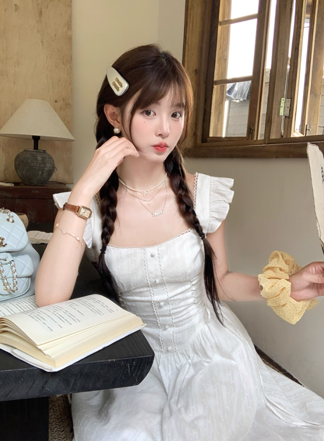 White square collar small flying sleeve waist dress women's summer French temperament A-line skirt R4746