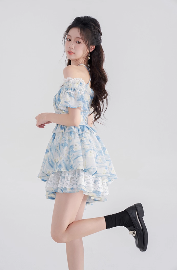One-shoulder floral dress summer lotus leaf sleeve suspender skirt new high waist A-line skirt R4422