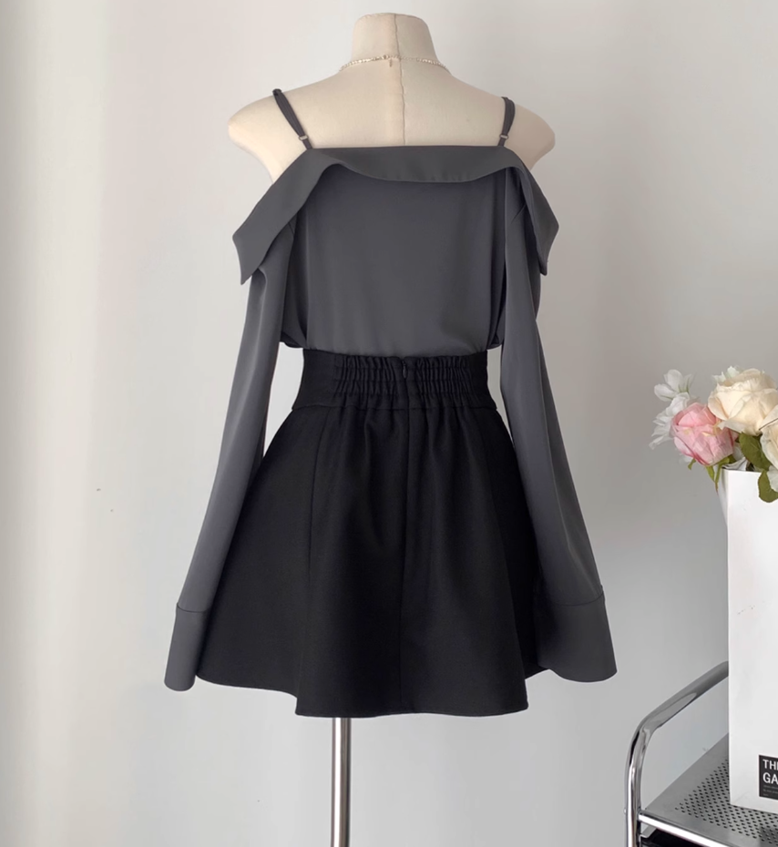 Gray suspender shirt and skirt pure desire style sweet and spicy two-piece suit R2084