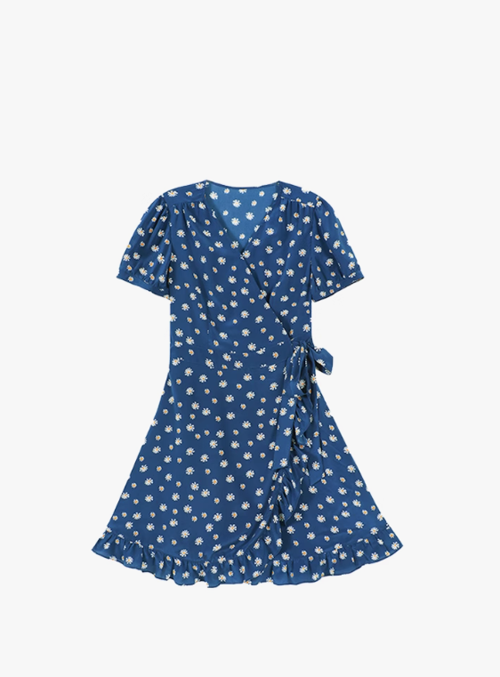 French V-neck lace-up printed dress for women 2025 summer short-sleeved dress R3343