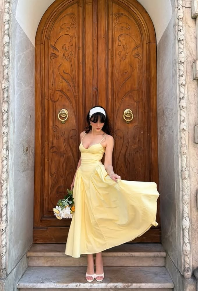 Flowy Satin Silky Prom Gown Pastel Yellow Women's Corset Maxi Birthday Dress Casual Dress RS3010