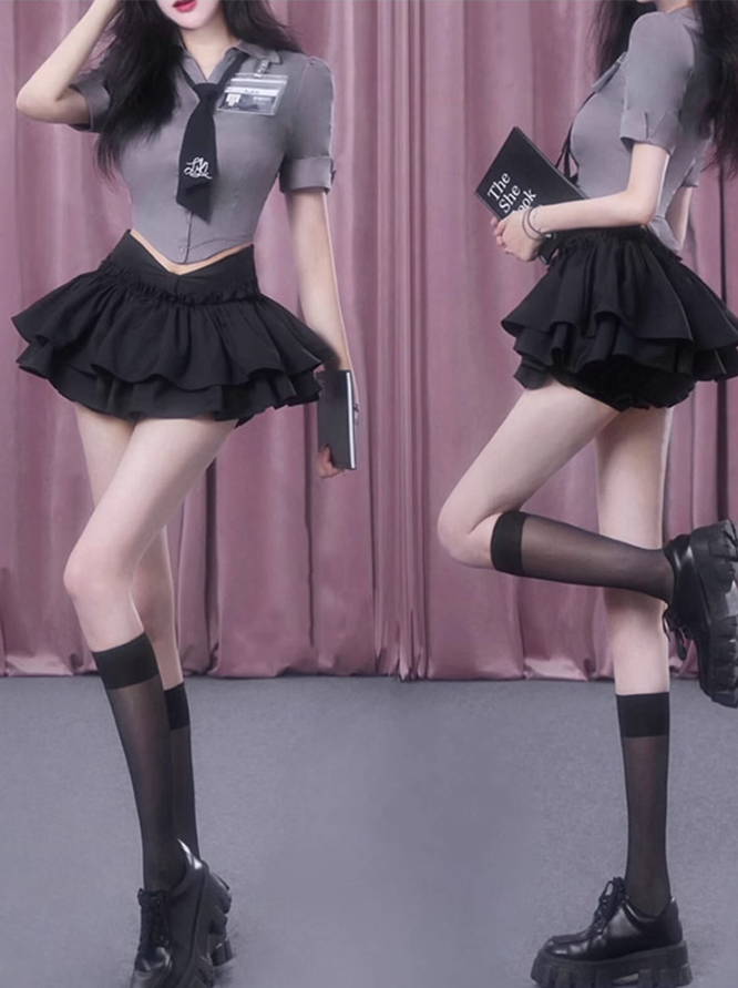 College style short waist shirt 2025 large size design puffy skirt suit R1030
