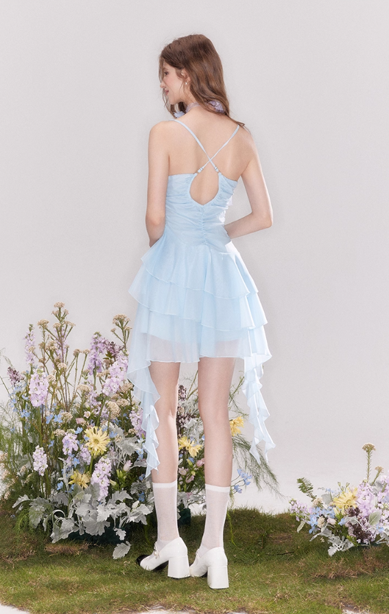 French ruffled collar atmosphere blue suspender dress summer R4537