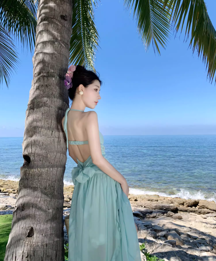 Travel wear fairy air backless dress seaside vacation dopamine green fairy long skirt R1594