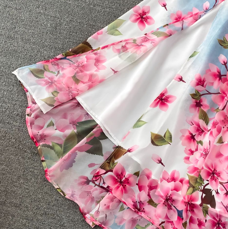 2025 new style ruffled one-shoulder printed two-way long skirt high waist slimming super fairy big swing dress R0352