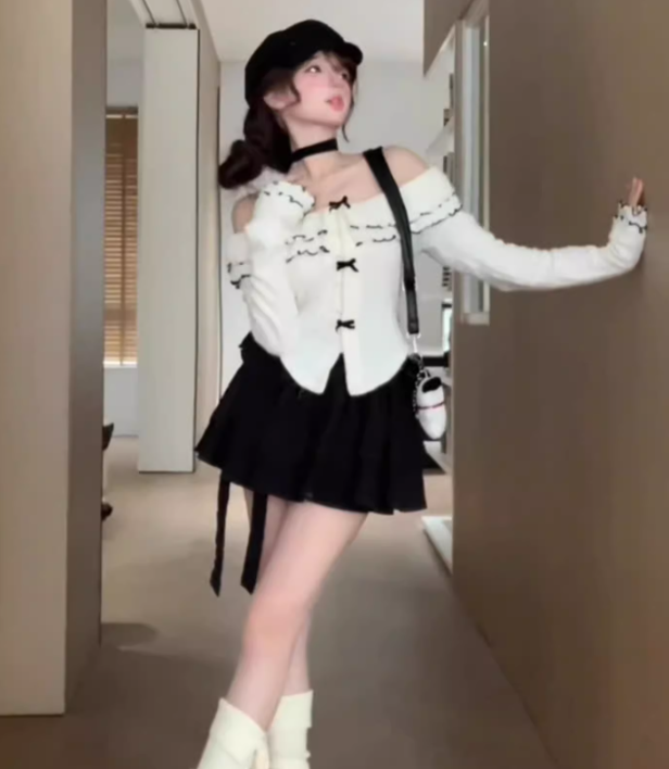 Pure desire style one shoulder long sleeve contrast color top 2025 bow a-line skirt suit R1310