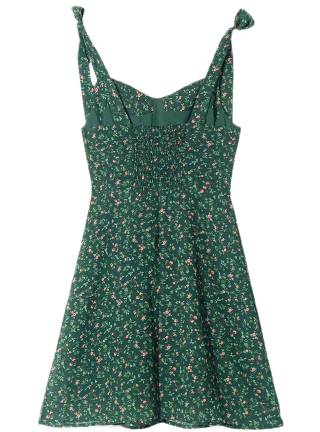 2025 Summer New Retro Platycodon Floral Green Holiday Short Suspender Dress R0906