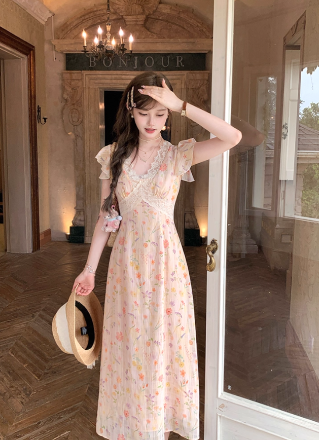 Lace V-neck floral suspender dress for women summer French retro temperament skirt R4782