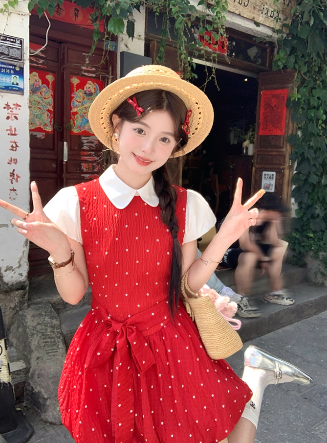 Red doll collar polka dot short-sleeved dress women's summer temperament skirt R4620