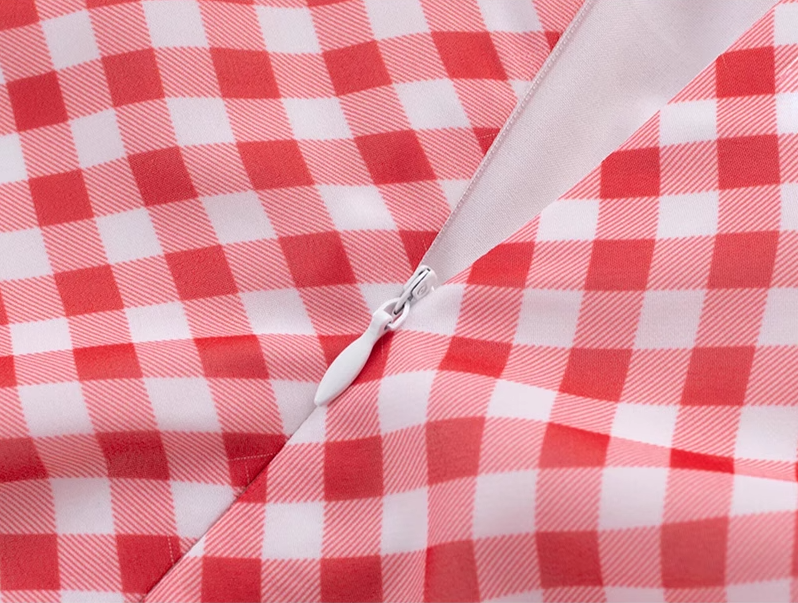 2025 Summer New Red Plaid Square Neck French Short Sleeve High Waist Long Dress R0943