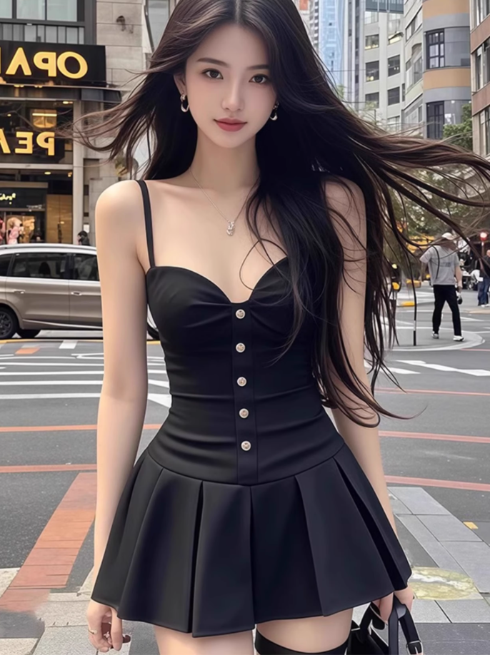 Pure desire style sexy black suspender dress new style waist slimming A-line short skirt R3393