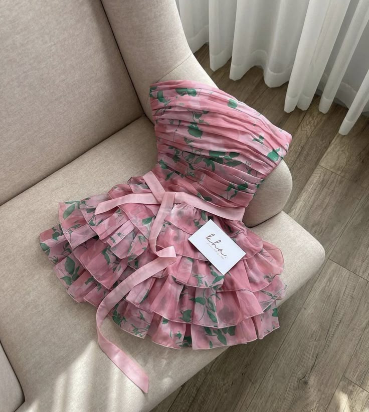 Pink floral tube top waist pleated cake mini skirt homecoming dress R2889
