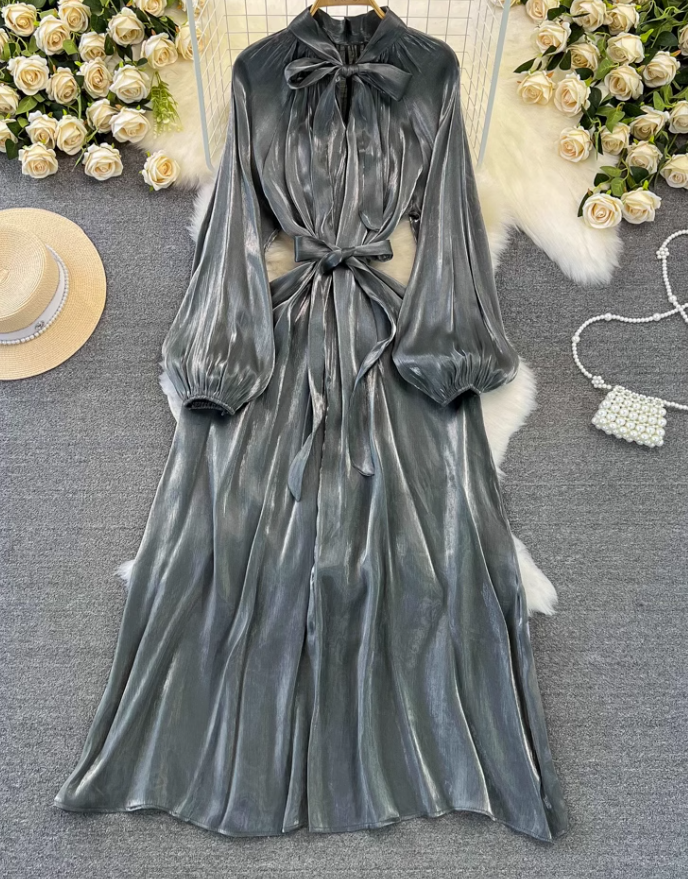 High-class lady temperament long-sleeved bow tie waist slimming A-line shiny sequin dress R0388