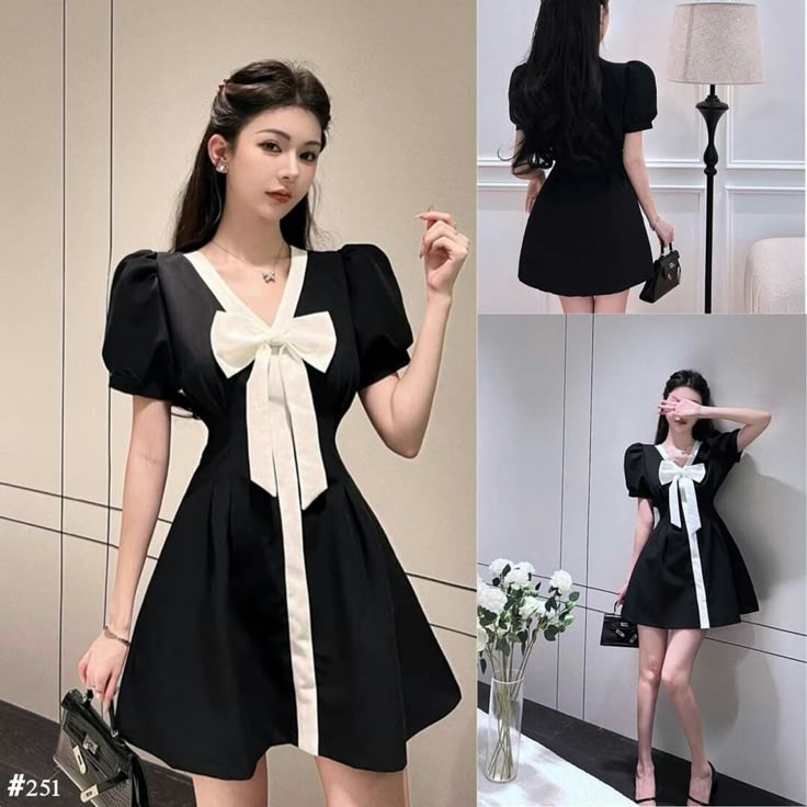 Black silk V-neck puff sleeve A-line slim skirt homecoming dress R2505