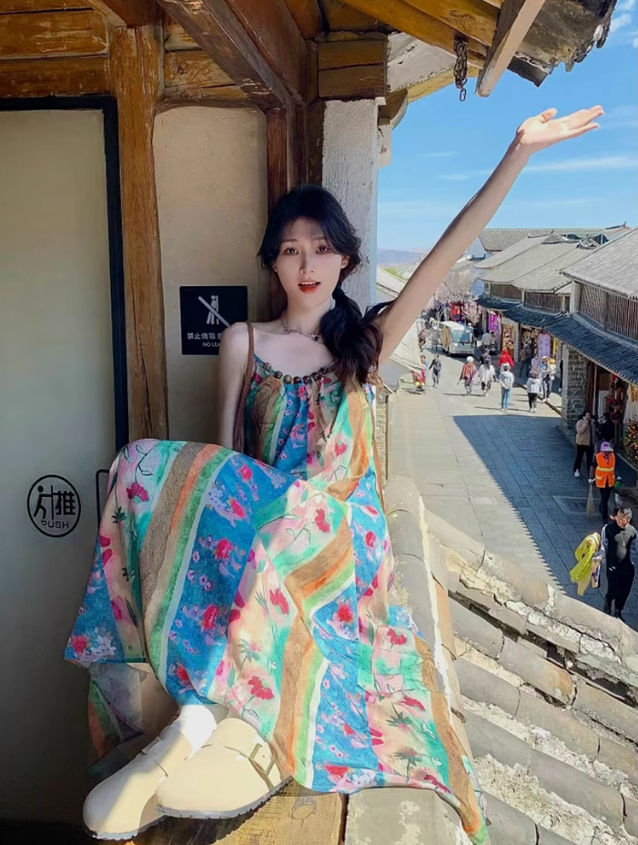 Fairy ethnic style holiday travel wear floral suspender long skirt loose oil painting dress R1750