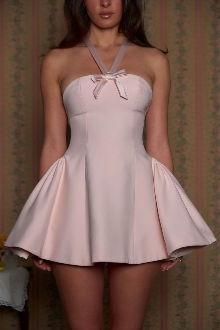 Pink halter neck tube top waist slimming A-line princess dress homecoming dress R2938