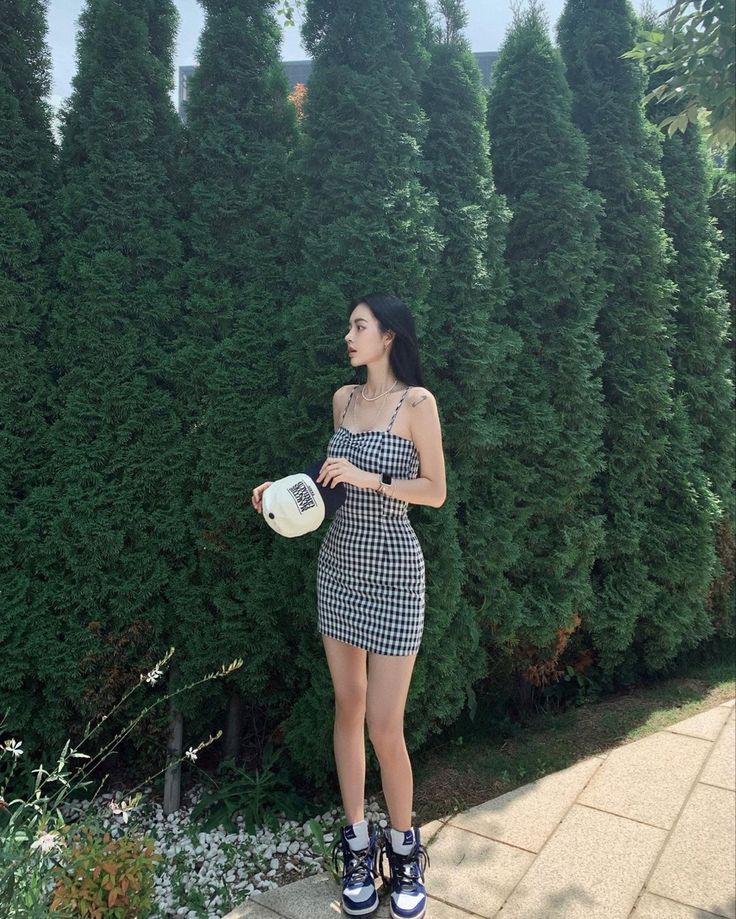 Black and white checkered suspenders waist slim short skirt homecoming dress R3254