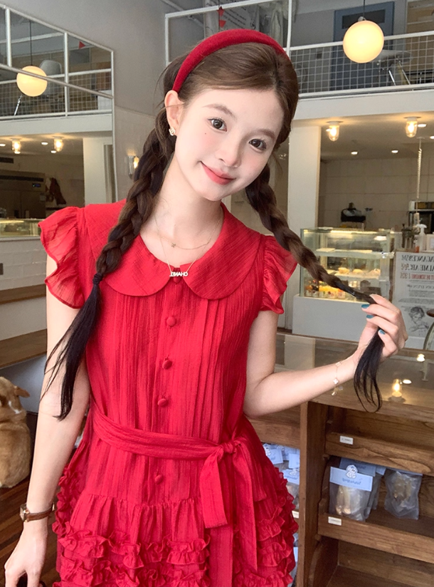 Red doll collar Tencel small flying sleeve dress summer French temperament slim skirt R4783