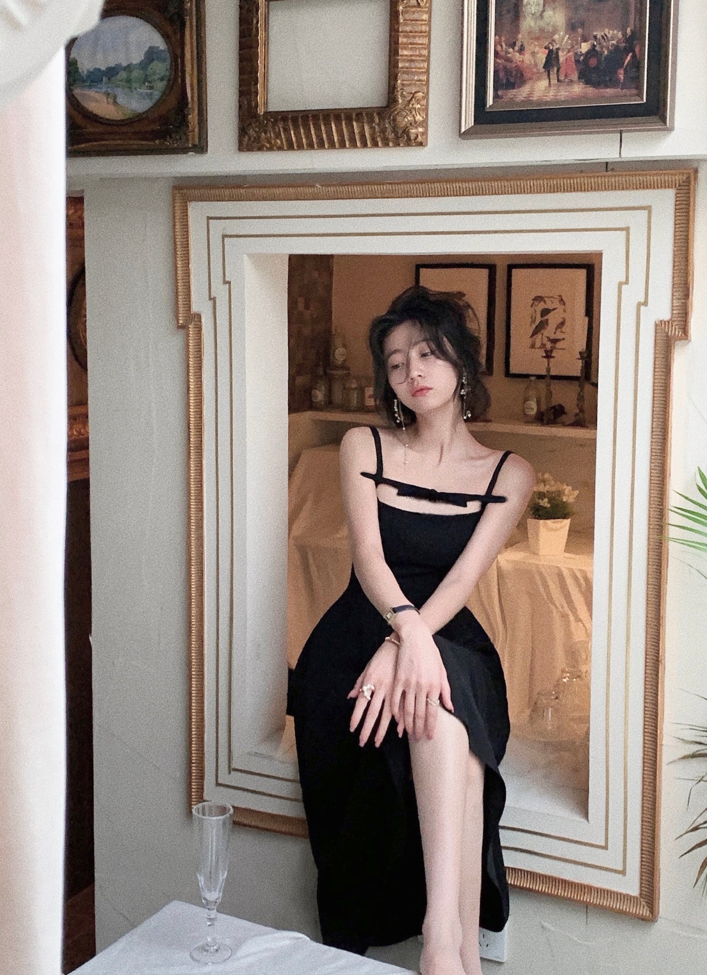 Black suspender bow dress for women S5470