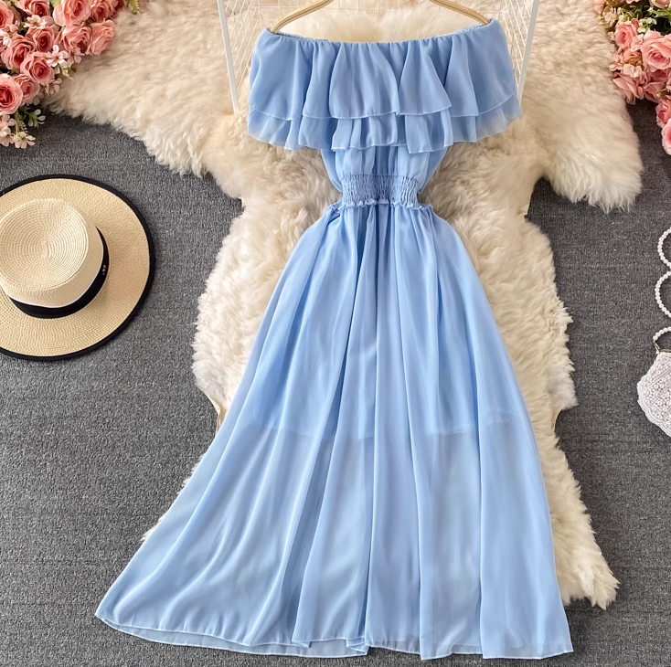 Bali resort beach slim long skirt sexy off-shoulder one-shoulder ruffled chiffon dress R0326