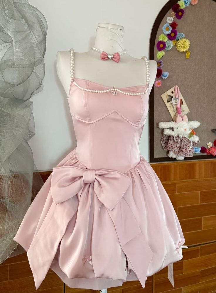Pink suspenders waist slim bow tutu homecoming dress R2948