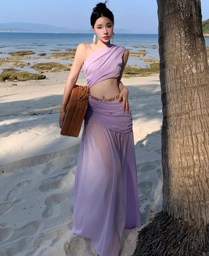 Photo skirt waist-baring one-shoulder dress design seaside atmosphere holiday beach skirt R1592