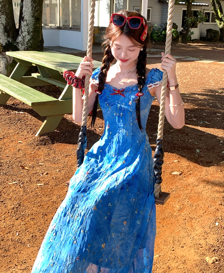 Blue tie-dye printed embroidered suspender dress summer French temperament skirt R4781