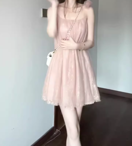 Gentle temperament pink mesh sling dress beautiful loose A-line short skirt R0723