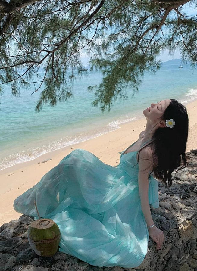 Mint Mambo Beach Resort Dress Halter Neck Dress Temperament Swing Skirt R0209