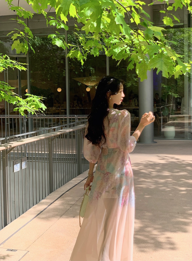 Pink chiffon printed dress for women summer new beautiful slit waist niche long skirt R4263