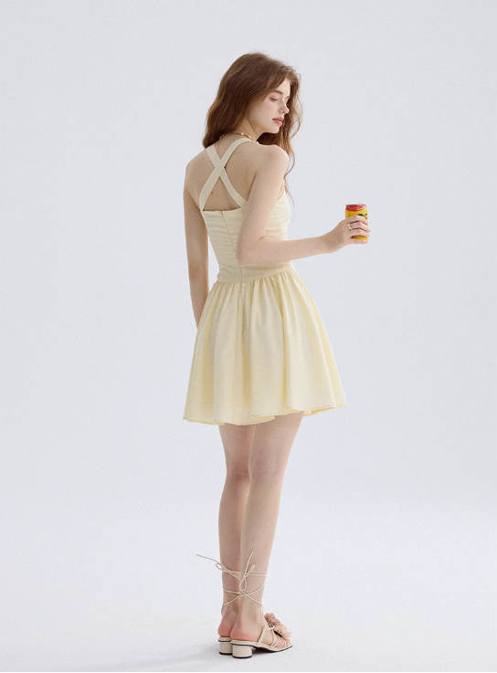 Lemon honey tea yellow dress French suspender skirt holiday wear short skirt skirt female summer R3450