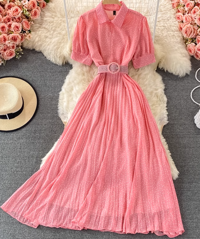 2025 Puff Sleeve Lapel Pleated Polka Dot Dress Waist Slimming Long Swing Dress Short Sleeve R0382