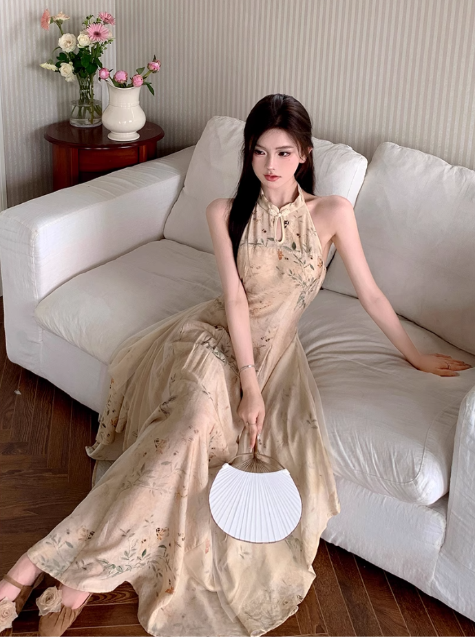 Fairy new Chinese style improved cheongsam halo dyed floral waist long skirt dress R1703