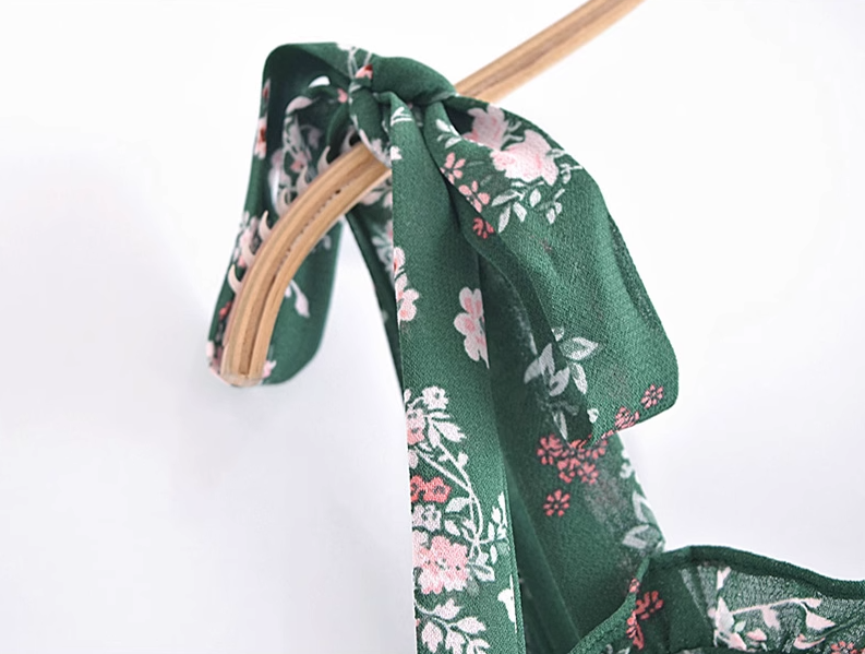 2025 Summer New Retro Green Floral Fungus Small A-line Suspender Dress R0926