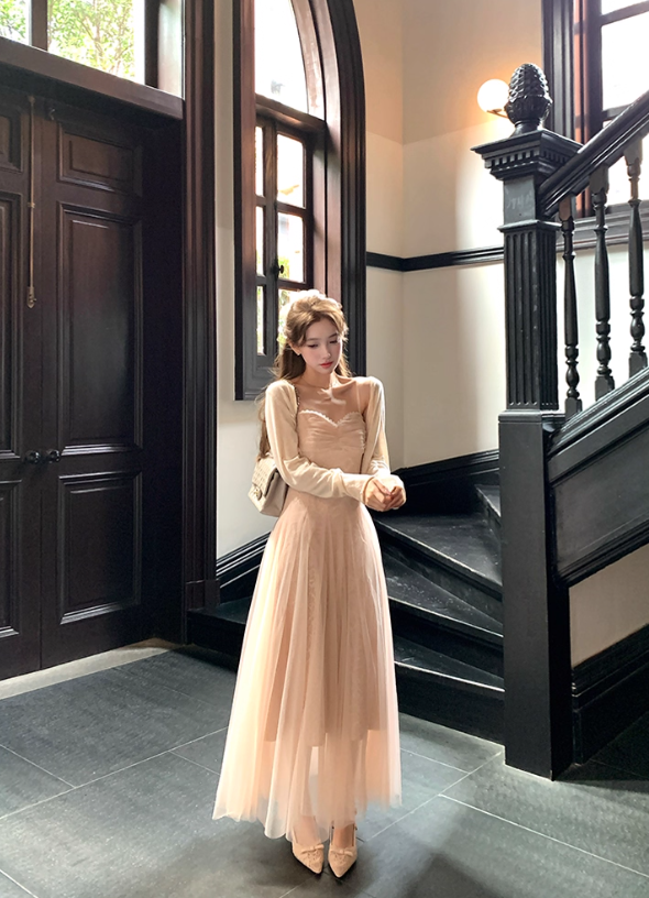 Pink waist temperament mesh embroidery suspender dress women's summer French skirt R4748