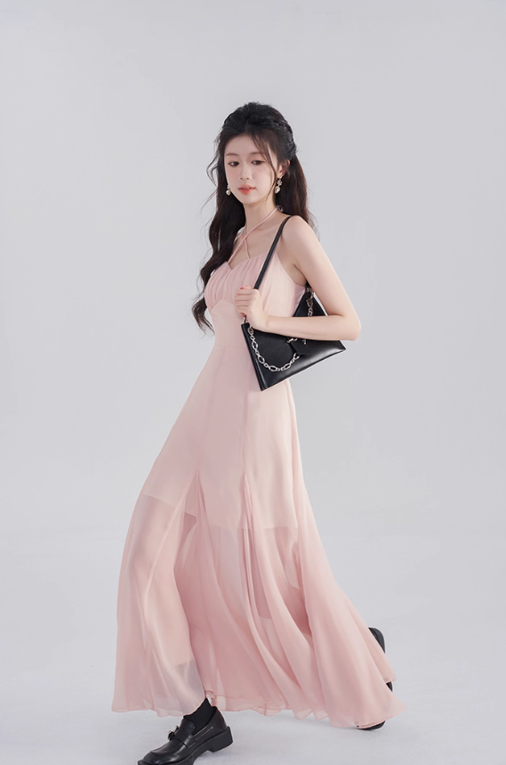 Gentle suspender chiffon dress women's summer new high waist medium length fishtail skirt R4460