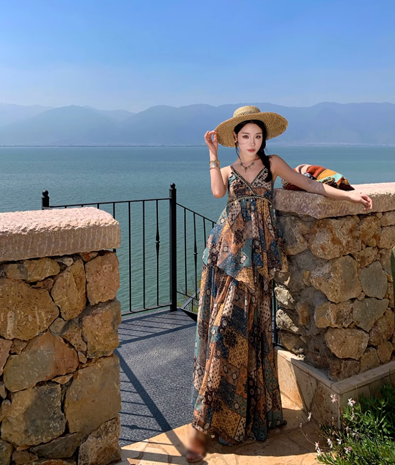 French retro v-neck floral camisole a-line skirt two-piece suit R0603