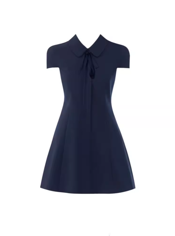 Lapel Raglan Short Sleeve Dress 2025 Thousand Gold Sense Waist A-line Short Skirt R1347