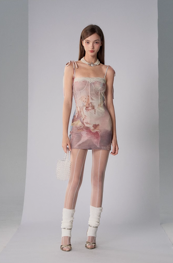 Lace fishbone print dress summer lace patchwork waist bag hip skirt R3334