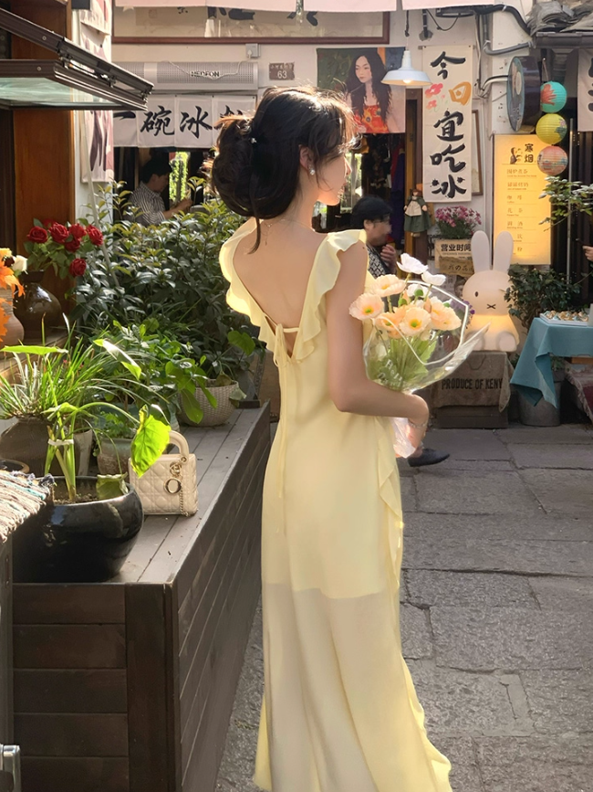 Beautiful yellow dress new model irregular ruffle unique beautiful temperament long skirt R4214