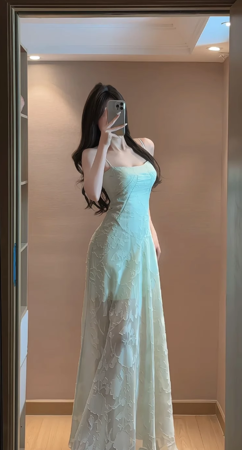 Gentle mint green jacquard suspender dress beautiful atmosphere small skirt R0806