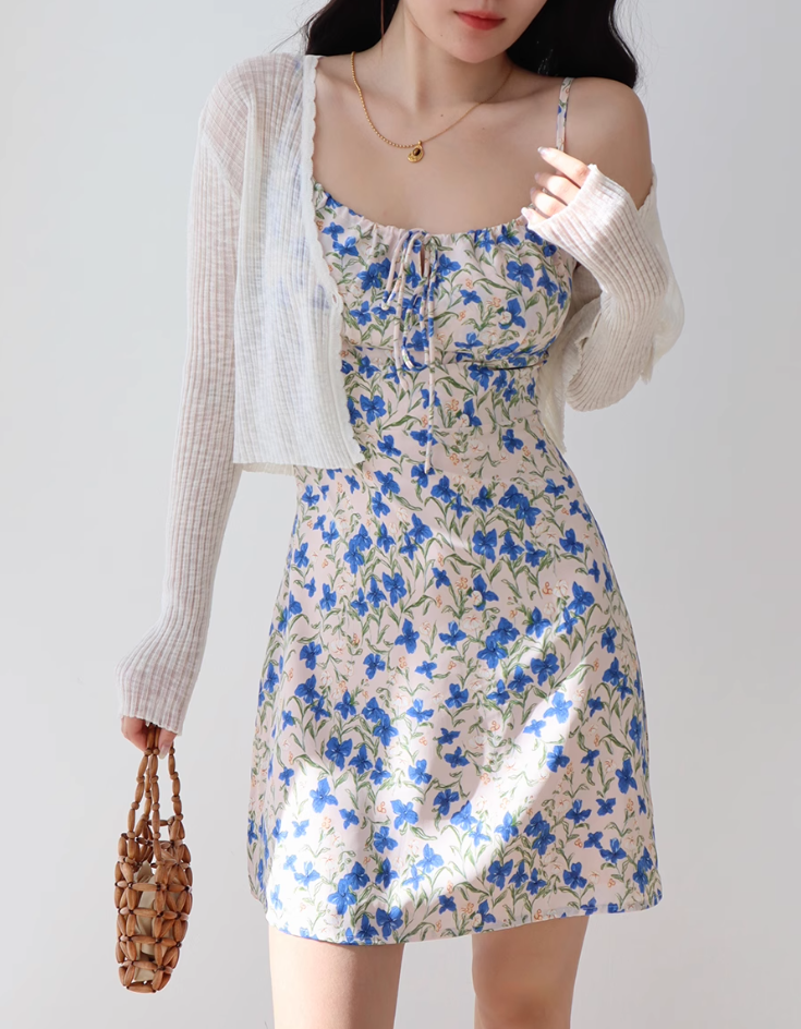 French retro blue floral suspender skirt sexy slim dress hip skirt R2852