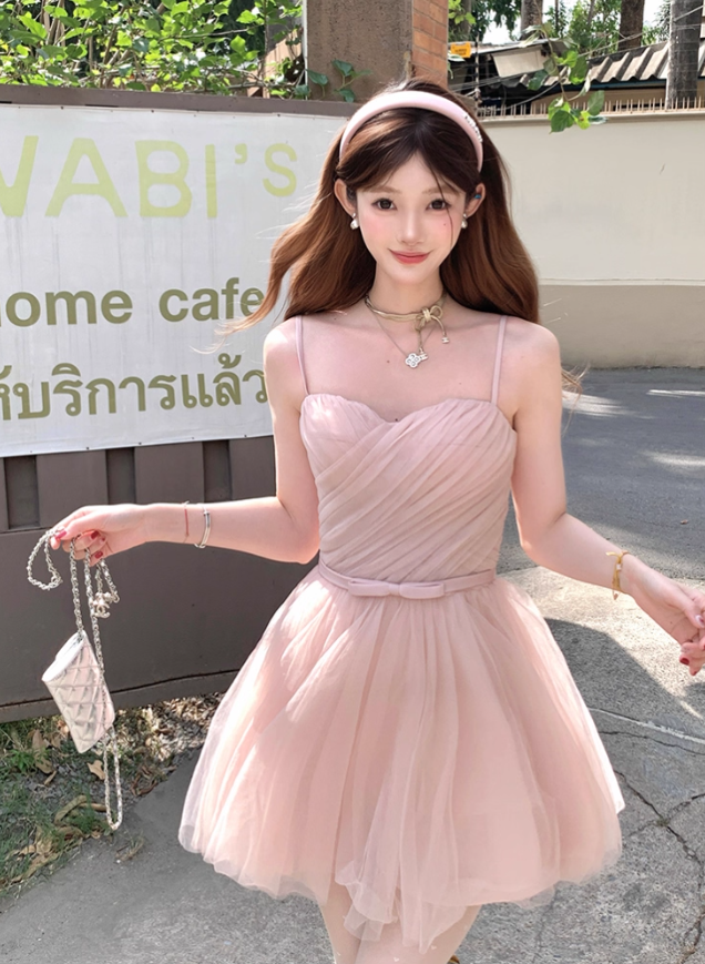 Pink waist chiffon suspender dress for women summer French retro temperament slim skirt R4866