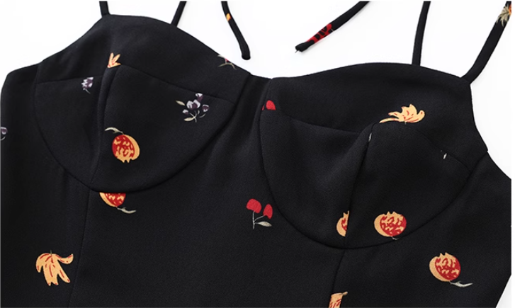 French holiday style black short floral new dress suspender skirt R2602