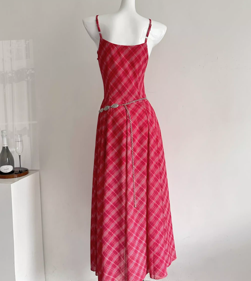 2025 new style temperament waist slim red plaid long suspender dress R2020