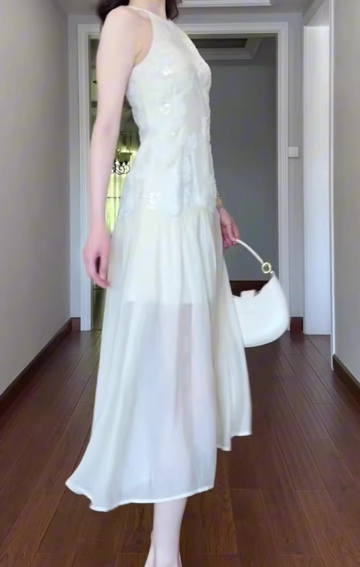 Jacquard sleeveless halter dress cool and gentle temperament waist A-line long skirt R0857