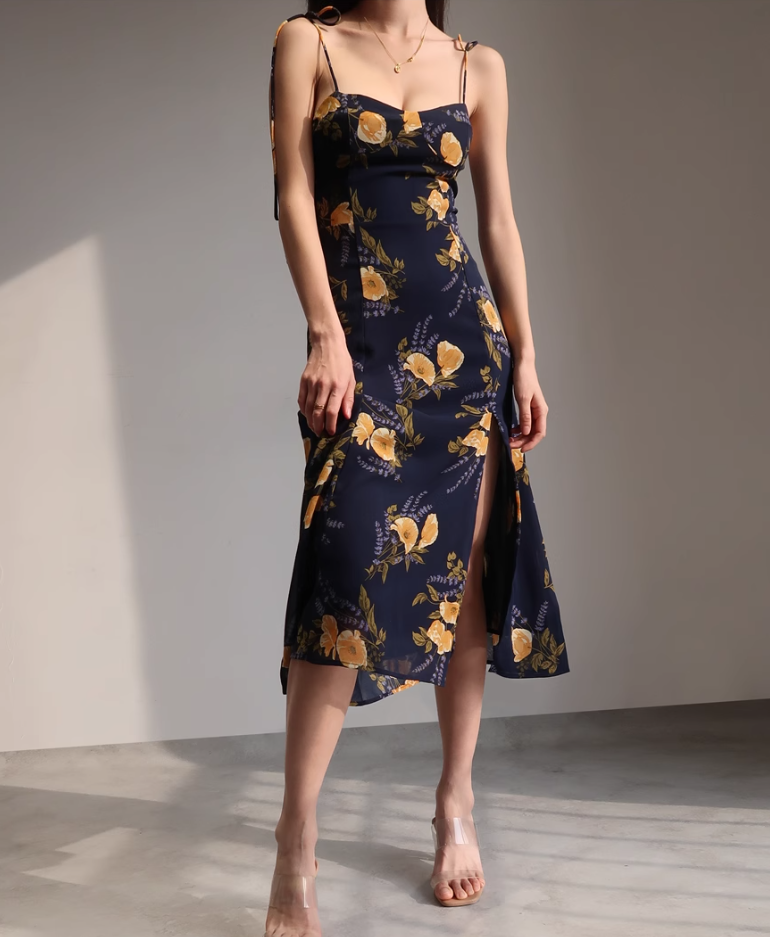 French retro orange floral suspender dress with slim waist and side slit long skirt R2815