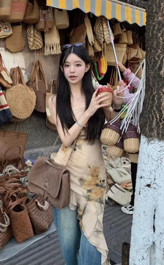 New Chinese style printed backless suspender floral dress sexy holiday wear irregular skirt R1461