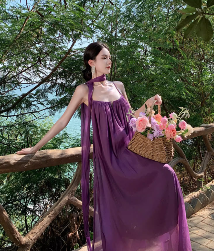 Purple beach dress backless dress loose chiffon suspender long dress seaside holiday dress R1595